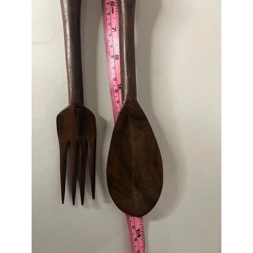 VINTAGE African Folk Art Fork and Spoon Hand Carved Wood Salad Set